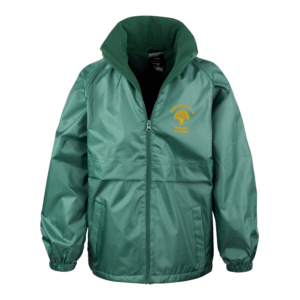 Frontal view of the Robsack Wood Primary Academy bottle green waterproof jacket with the school's logo embroidered on the left breast.