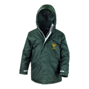 Frontal view of the Robsack Wood Primary Academy bottle green winter coat with the school's logo embroidered on the left breast.