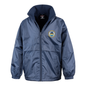 Frontal view of the Rye Community Primary School navy waterproof jacket with the school's logo embroidered on the left breast.