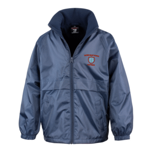 Frontal view of the Sacred Heart Primary School navy waterproof jacket with the school's logo embroidered on the left breast.