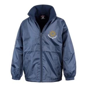 Frontal view of the Salehurst Primary School navy waterproof jacket with the school's logo embroidered on the left breast.