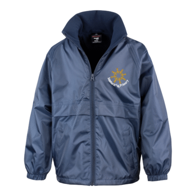Frontal view of the Salehurst Primary School navy waterproof jacket with the school's logo embroidered on the left breast.