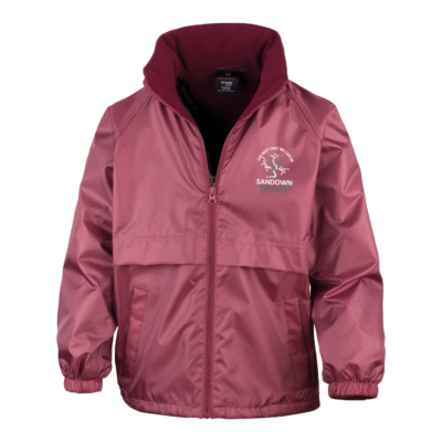 Frontal view of the Sandown Primary School burgundy waterproof jacket with the school's logo embroidered on the left breast.