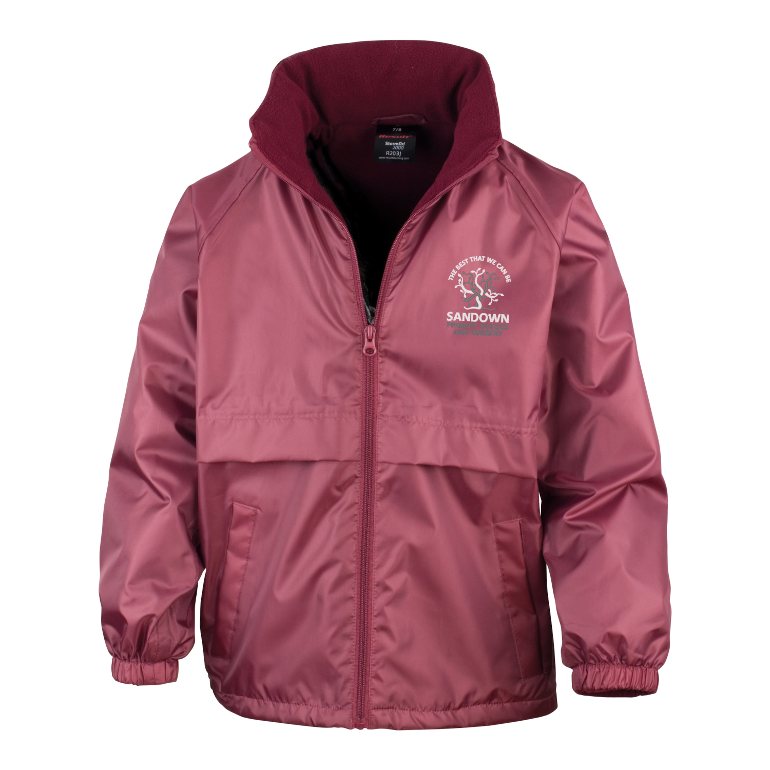 Frontal view of the Sandown Primary School burgundy waterproof jacket with the school's logo embroidered on the left breast.