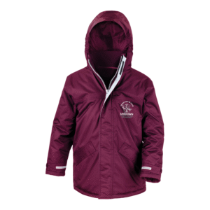 Frontal view of the Sandown Primary School burgundy winter coat with the school's logo embroidered on the left breast.