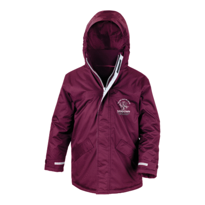 Frontal view of the Sandown Primary School burgundy winter coat with the school's logo embroidered on the left breast.
