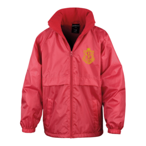 Frontal view of the St Mary Magdalene Primary School red waterproof jacket with the school's logo embroidered on the left breast.