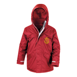Frontal view of the St Mary Magdalene Primary School red winter coat with the school's logo embroidered on the left breast.