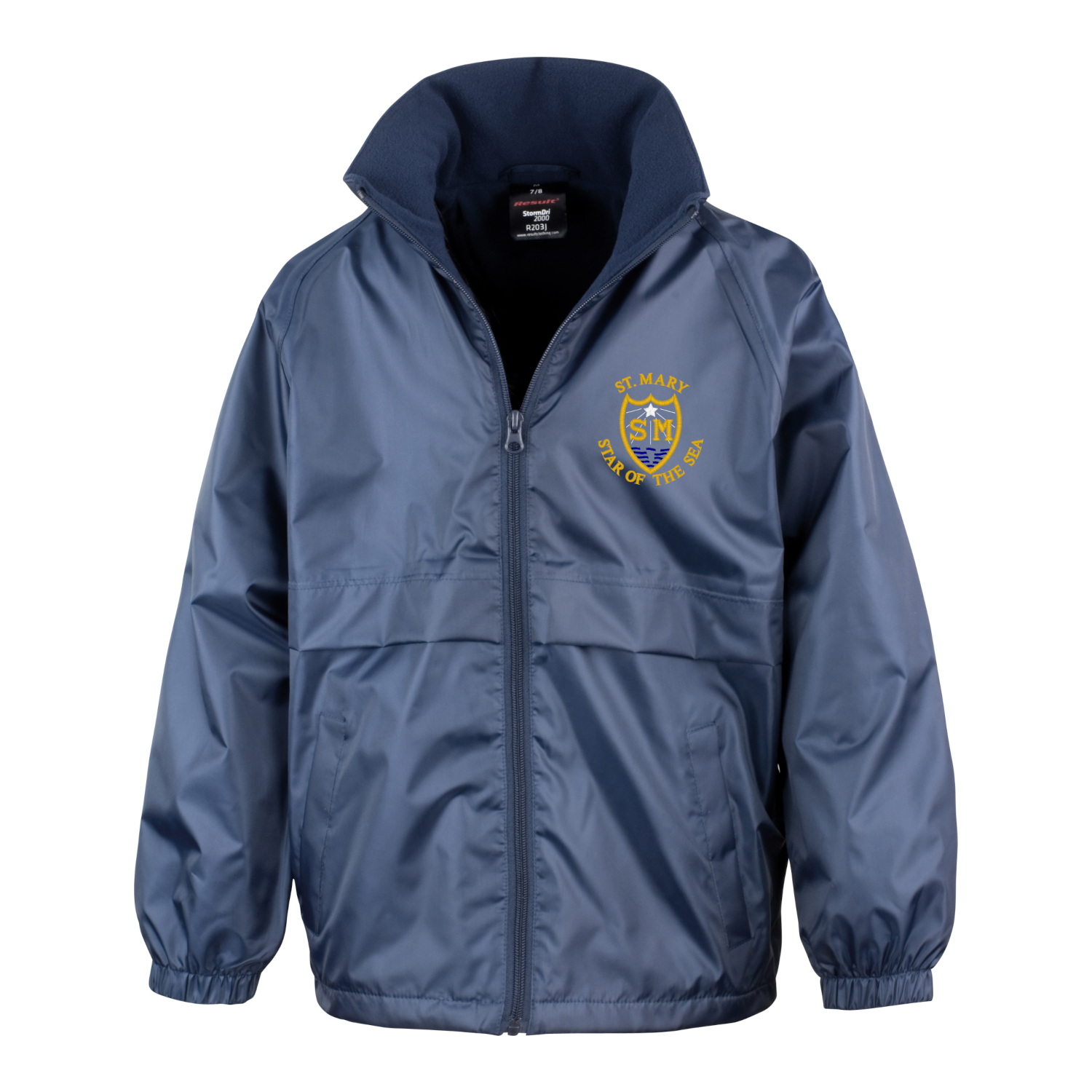 Frontal view of the St Mary Star of the Sea Primary School navy blue waterproof jacket with the school's logo embroidered on the left breast.