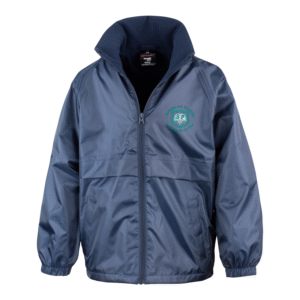 Frontal view of the St Pauls Academy navy blue waterproof jacket with the school's logo embroidered on the left breast.