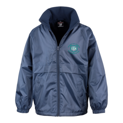 Frontal view of the St Pauls Academy navy blue waterproof jacket with the school's logo embroidered on the left breast.