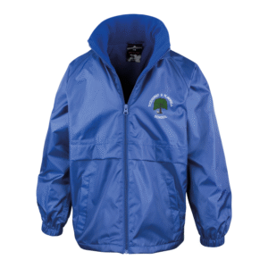 Frontal view of the Ticehurst & Flimwell Primary School royal blue waterproof jacket with the school's logo embroidered on the left breast.