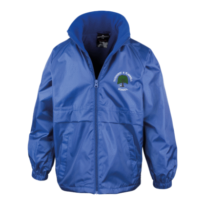 Frontal view of the Ticehurst & Flimwell Primary School royal blue waterproof jacket with the school's logo embroidered on the left breast.