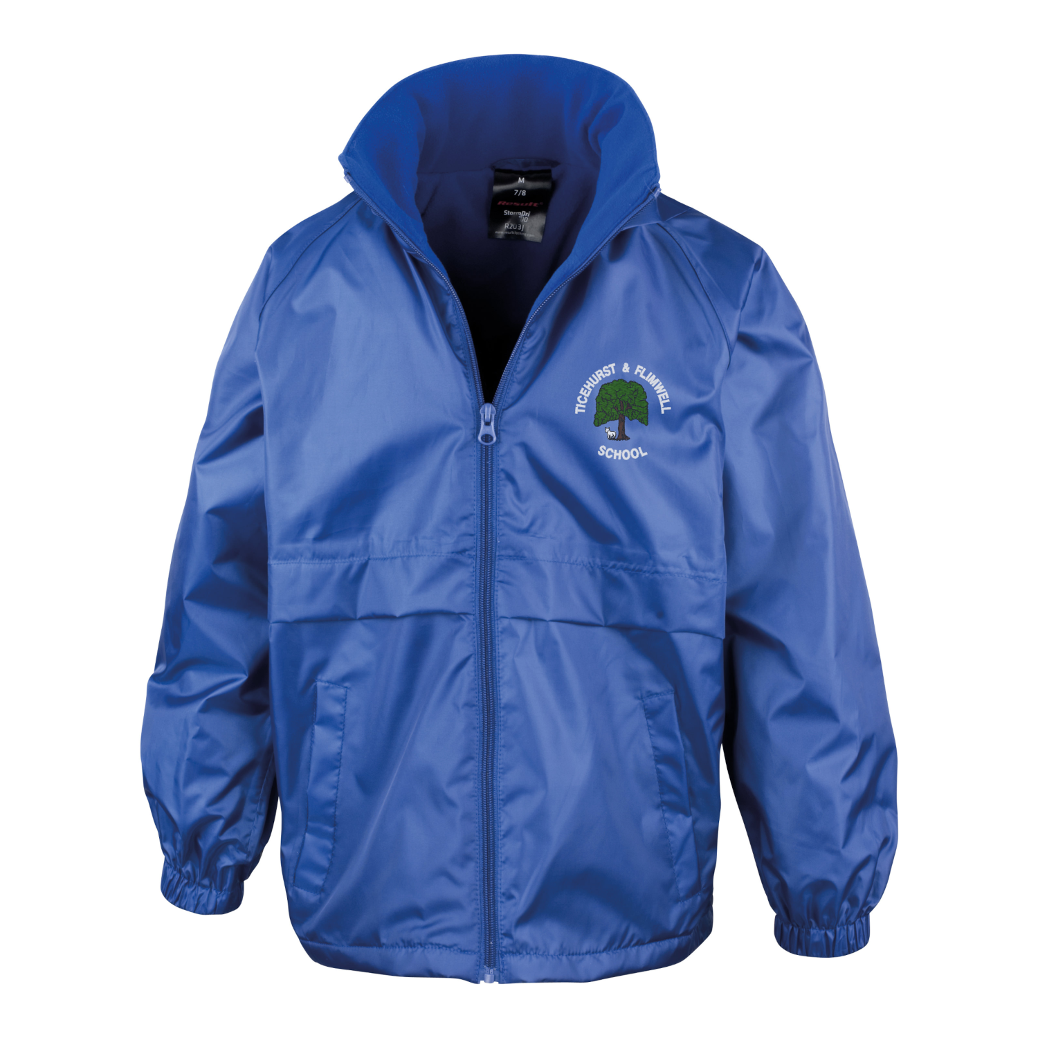 Frontal view of the Ticehurst & Flimwell Primary School royal blue waterproof jacket with the school's logo embroidered on the left breast.