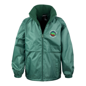 Frontal view of the Torfield School bottle green waterproof jacket with the school's logo embroidered on the left breast.