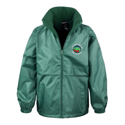 Frontal view of the Torfield School bottle green waterproof jacket with the school's logo embroidered on the left breast.