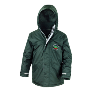 Frontal view of the Torfield School bottle green winter coat with the school's logo embroidered on the left breast.