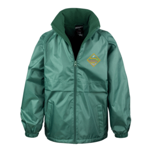 Frontal view of the Westfield School bottle green waterproof jacket with the school's logo embroidered on the left breast.