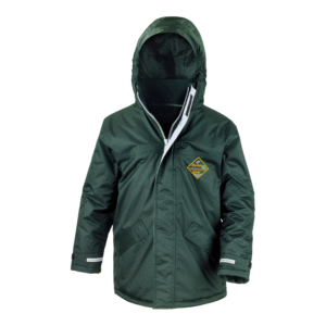 Frontal view of the Westfield School bottle green winter coat with the school's logo embroidered on the left breast.