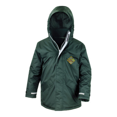 Frontal view of the Westfield School bottle green winter coat with the school's logo embroidered on the left breast.
