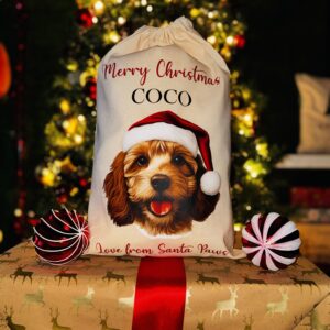 A photo of a natural coloured Christmas sack with a picture of a dog on the front with the personalised text "Merry Christmas Coco Love From Santa Paws" split above and below.
