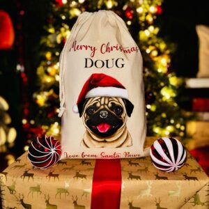 A photo of a natural coloured Christmas sack with a picture of a pug dog on the front with the personalised text "Merry Christmas Doug Love From Santa Paws" split above and below.
