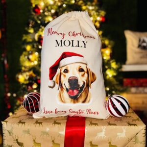A photo of a natural coloured Christmas sack with a picture of a labrador retriever dog on the front with the personalised text "Merry Christmas Molly Love From Santa Paws" split above and below.