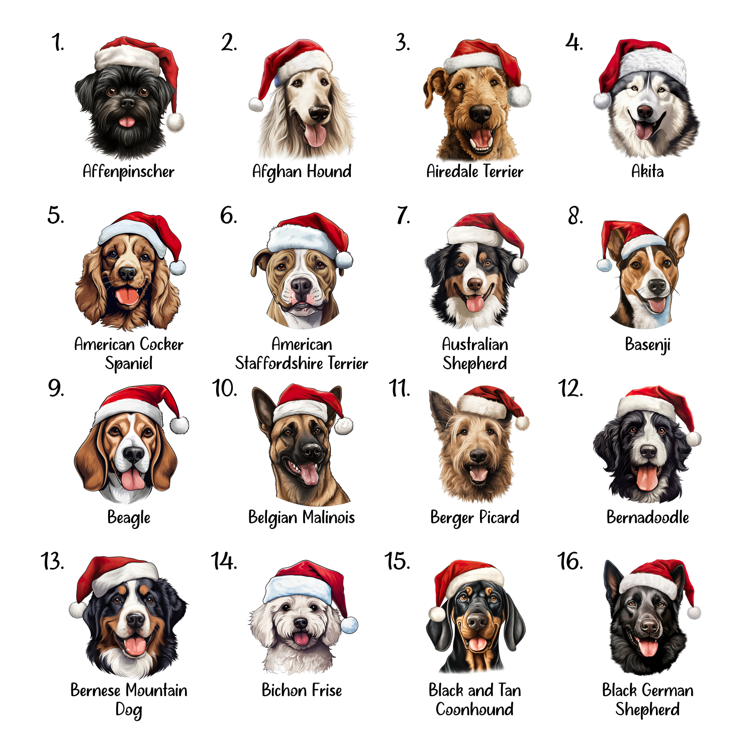 A grid of Christmas dog designs.