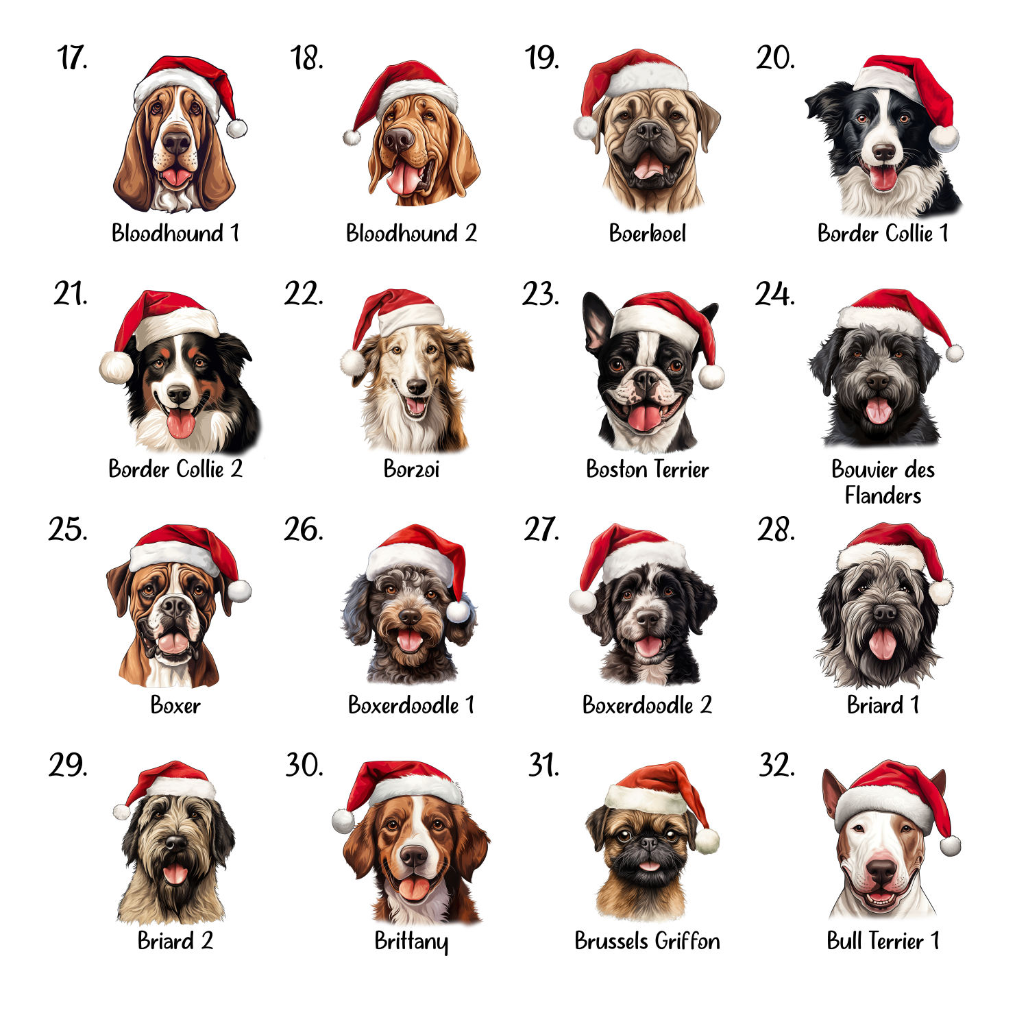 A grid of Christmas dog designs.
