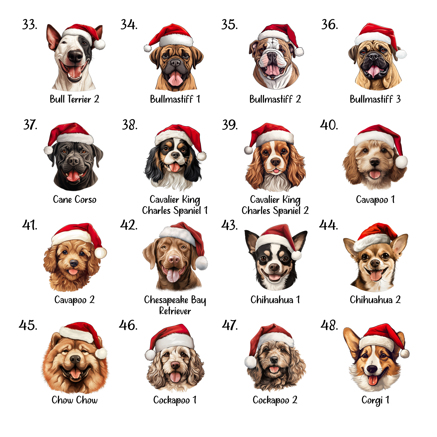 A grid of Christmas dog designs.