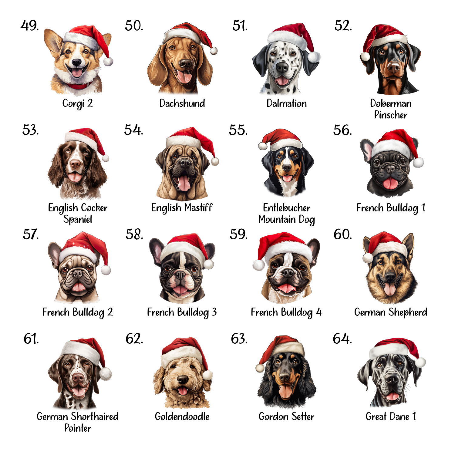 A grid of Christmas dog designs.
