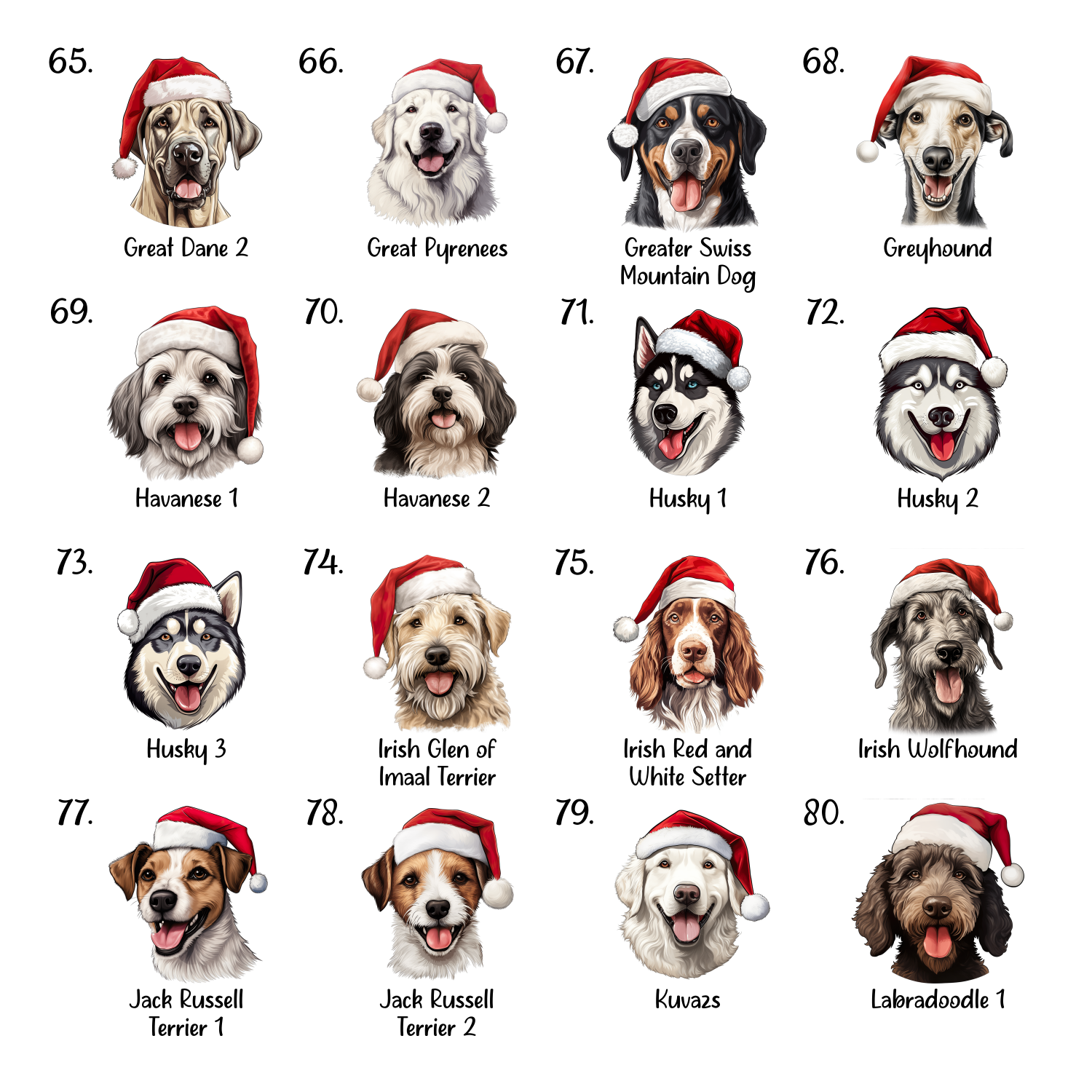 A grid of Christmas dog designs.