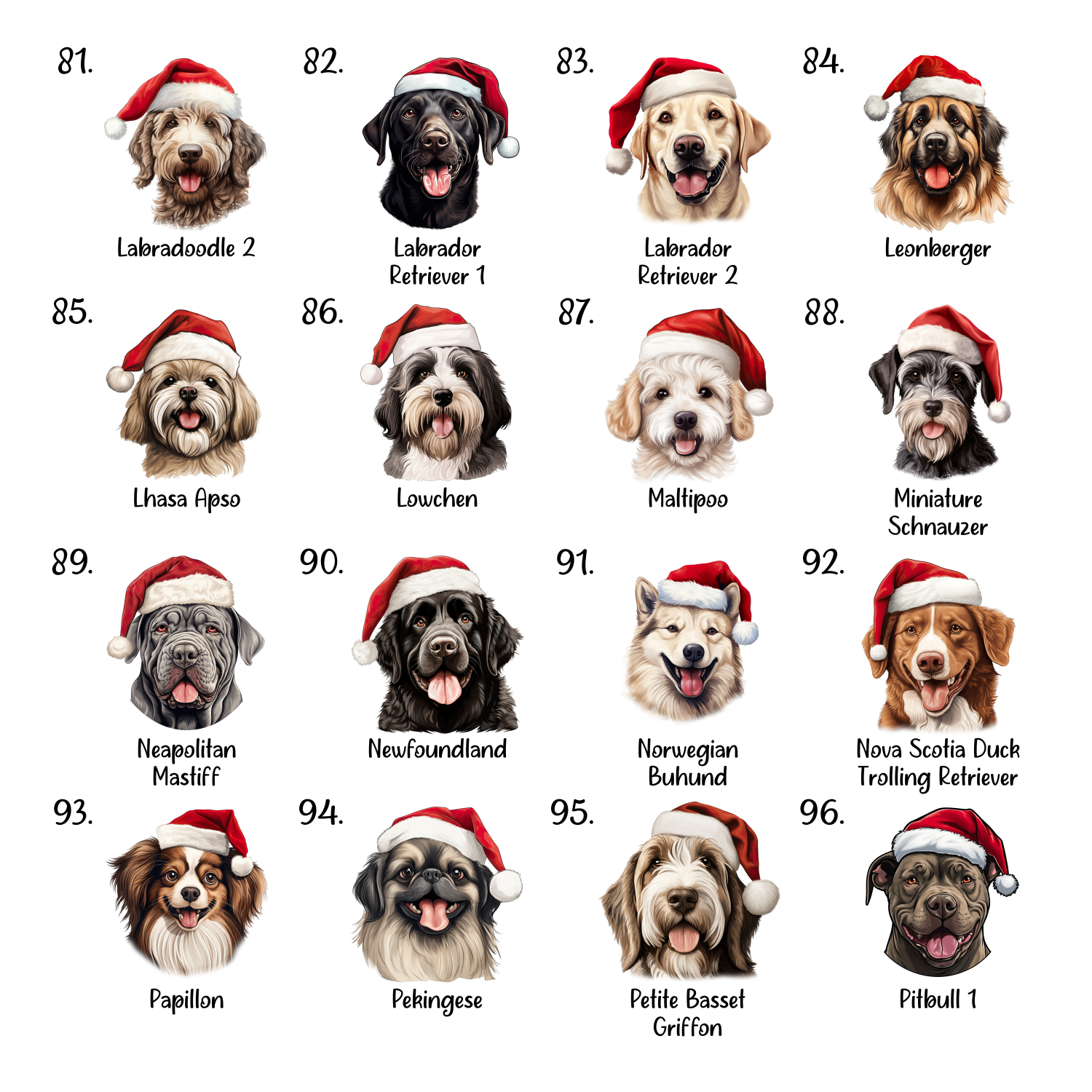 A grid of Christmas dog designs.