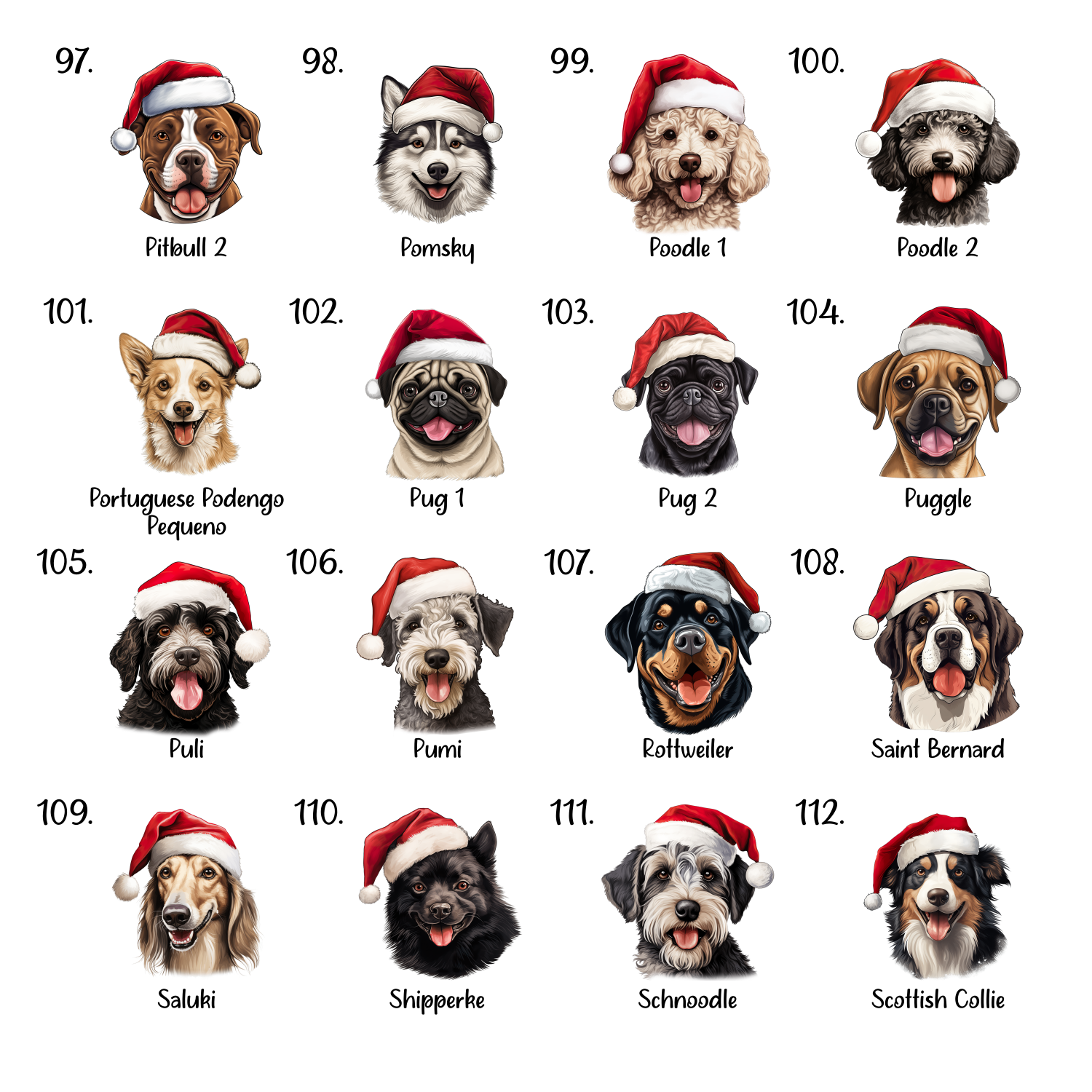 A grid of Christmas dog designs.