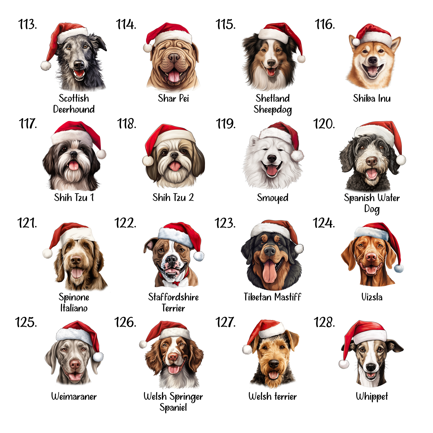 A grid of Christmas dog designs.