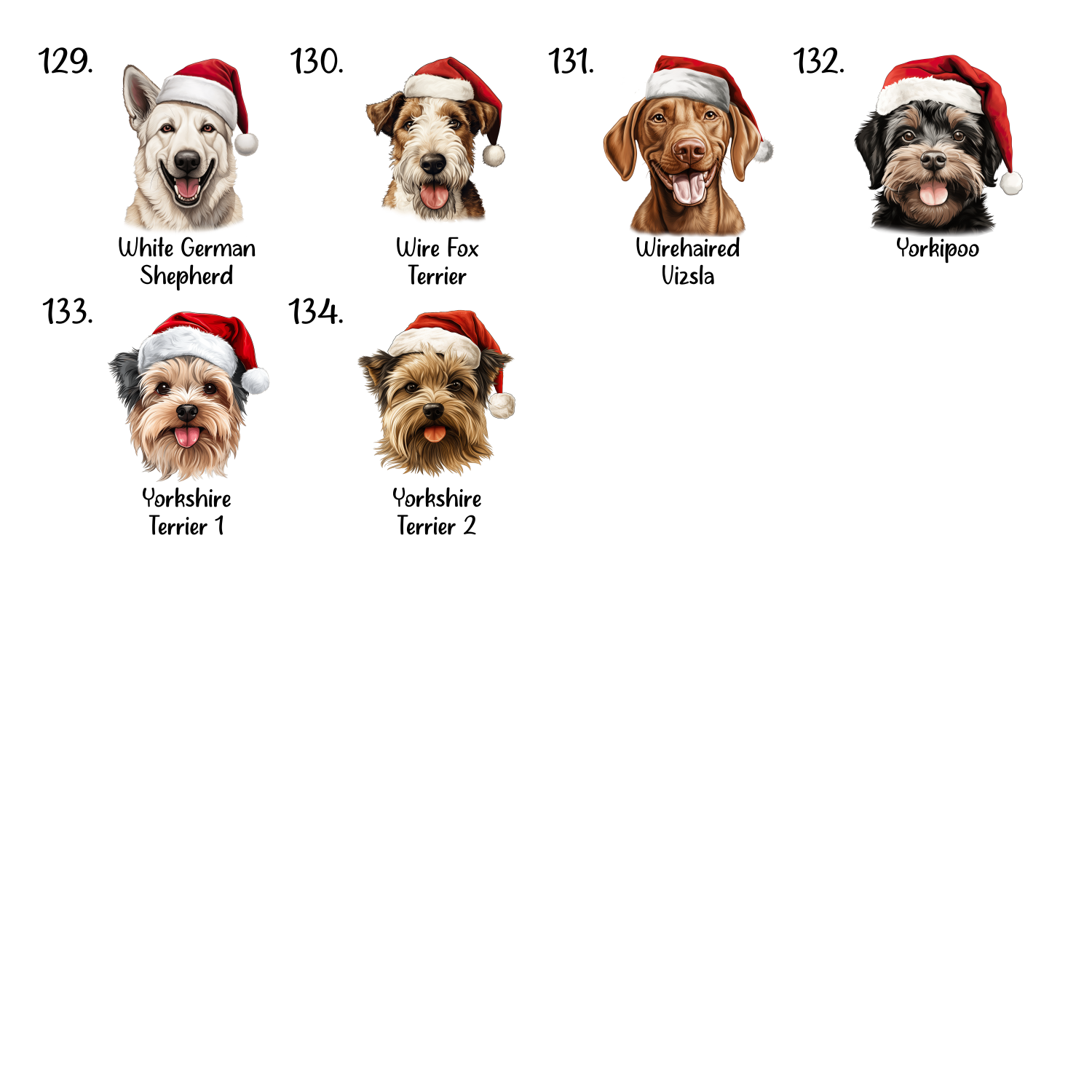 A grid of Christmas dog designs.