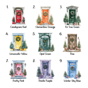 Options for the watercolour door in the personalised new home ceramic Christmas decoration: 1. Candycane Red 2. Clementine Orange 3. Fir Tree Green 4. Limoncello Yellow 5. Opal Green 6. Pine 7. Pretty Pink 8. Thistle Purple 9. Winter Sky Blue