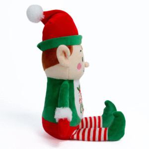 Side view of the personalised elf teddy with a print to its belly.
