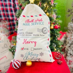 A personalised North Pole Mail Service Christmas sack.