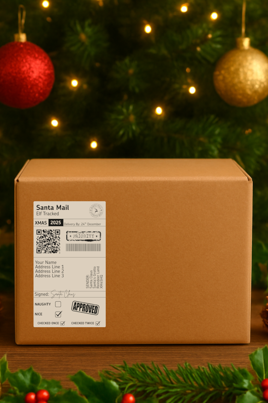 Personalised Santa Mail shipping label on a box.