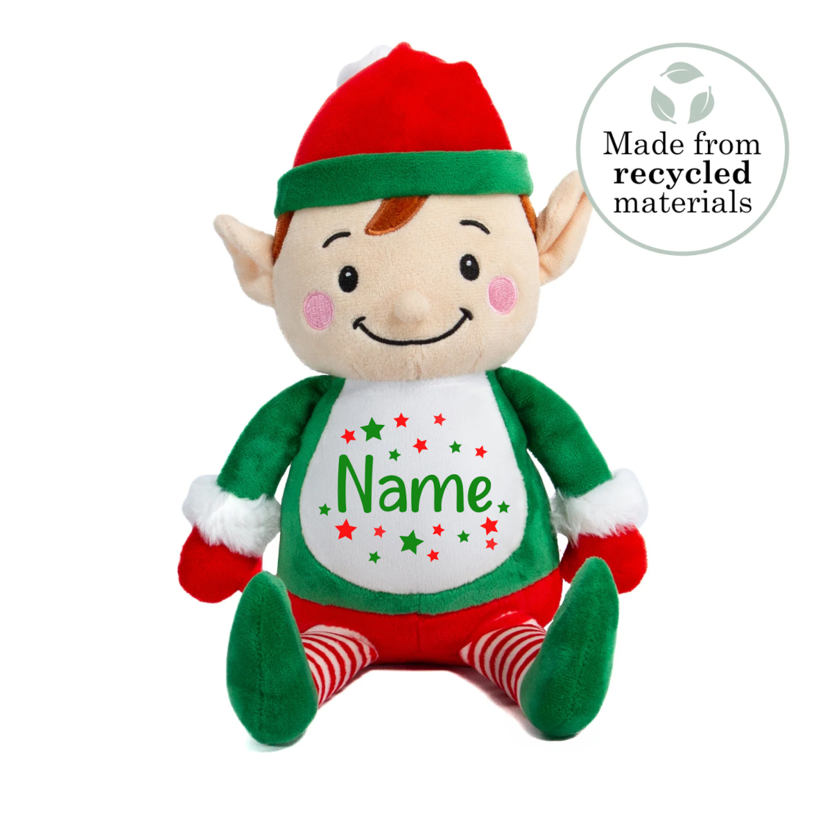 Frontal view of an elf teddy with Name printed on its belly in green with red and green stars around it.