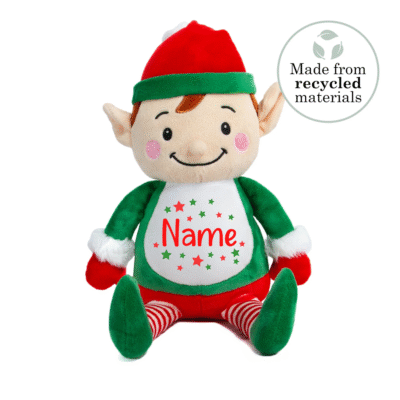 Frontal view of an elf teddy with Name printed on its belly in red with red and green stars around it.