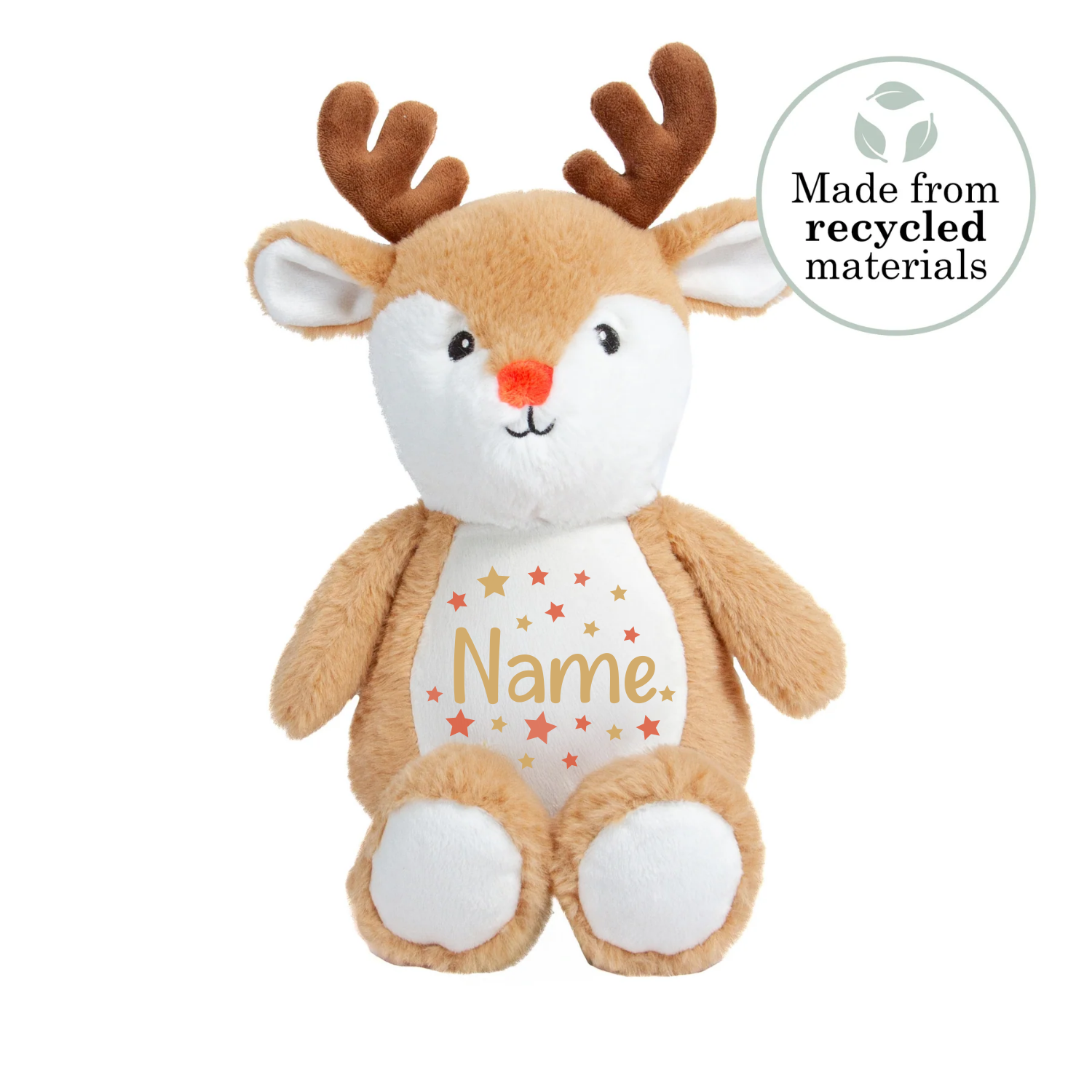 Frontal view of an reindeer teddy with Name printed on its belly in beige with orange and beige stars around it.