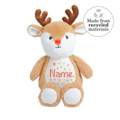 Frontal view of an reindeer teddy with Name printed on its belly in orange with orange and beige stars around it.