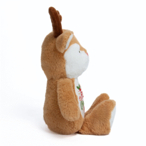 Side view of the personalised reindeer teddy with a print to its belly.
