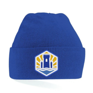 Frontal view of the Ark Castledown Primary Academy royal blue winter beanie with the school's emblem embroidered on the front.