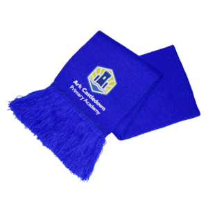 The Ark Castledown Primary Academy royal blue knitted acrylic scarf with the school's logo embroidered on the end.