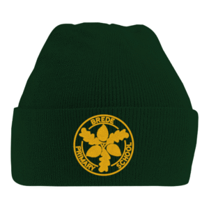 Frontal view of the bottle green winter beanie for Brede Primary School. The school's logo is embroidered on the front.