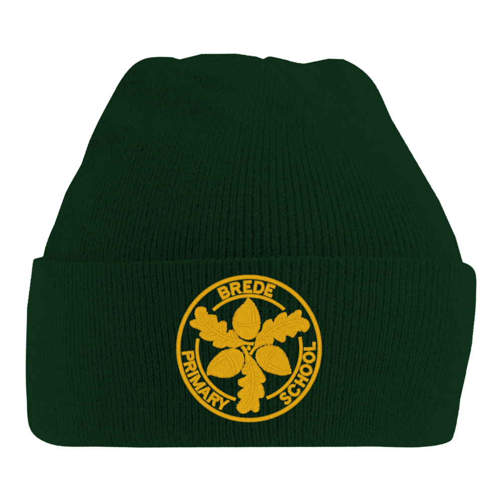 Frontal view of the bottle green winter beanie for Brede Primary School. The school's logo is embroidered on the front.