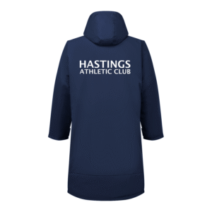 Rear view of the Hastings Athletic Club adults' changing robe. It is navy with sapphire blue accents. The club's name can be seen printed on the left breast.